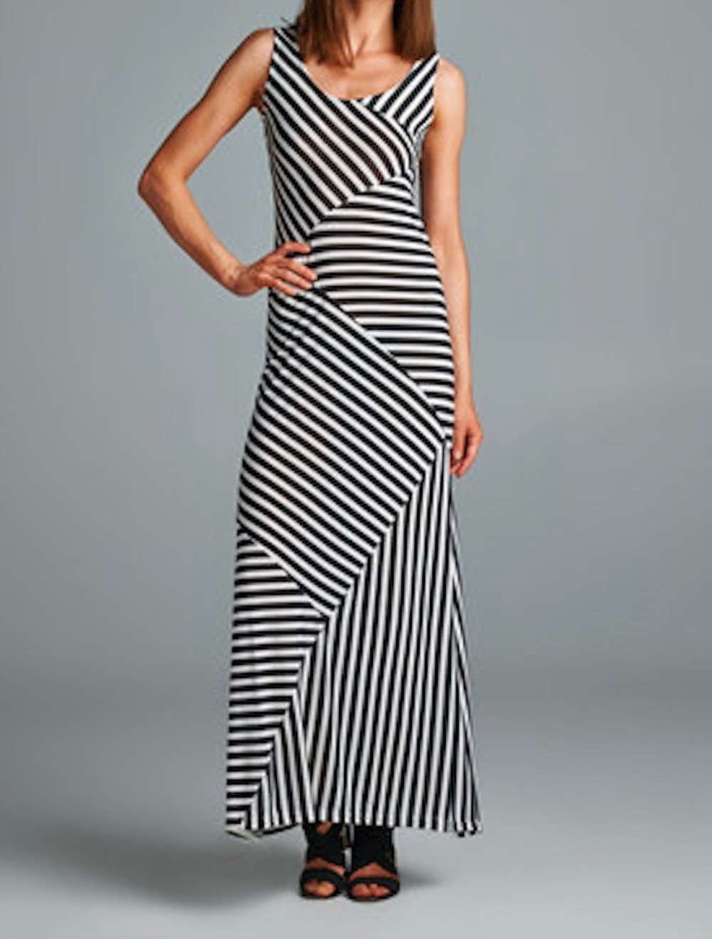 AGB Black/White Striped Sleeveless Maxi Dress w/Shelf Bra, 8